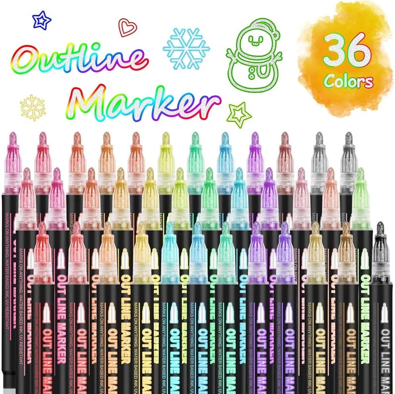 OUNIY Double Line Super Squiggles Glitter & Metallic Markers, 36 Colors - Self Outline Pens for Doodle Art, Greeting Cards & Crafts - Image 1